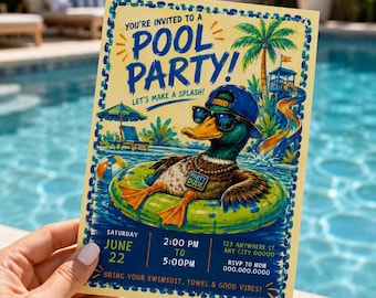 Fiesta en la piscina para chicos, fiesta de verano, fiesta de cumpleaños en la piscina, invitación a una fiesta en la piscina, invitación de pato, fiesta en la piscina para chicos