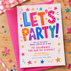 Bewerkbare uitnodiging voor feest Let's party uitnodiging meisje verjaardagsfeestje digitale uitnodiging zomerfeest verjaardagsfeestje retro verjaardag digitaal canvas