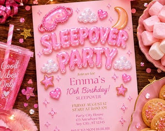 Invitación de cumpleaños para pijamada, fiesta de pijamas para chicas, letras burbuja, invitación de cumpleaños, invitación para fiesta de pijamas, letras de gelatina, descarga