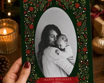 Plantilla editable para tarjeta de Navidad / Tarjeta navideña con rayas verdes / Tarjeta navideña moderna con foto / Canva / Tarjeta imprimible / Descarga digital de tarjeta de Navidad