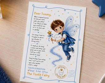 Editable Mini Tooth Fairy Note Blue Receipt and Letter with Envelope Boy Tooth Fairy Kit Lost Tooth Fairy Note Digital Template Printable