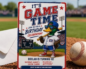 Invitación de cumpleaños de béisbol, Novato del año, Invitación a fiesta deportiva, Invitación con temática de cumpleaños para niños, Fiesta de cumpleaños para niños Dude Duck