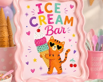 Letrero de barra de helados, fiesta de cumpleaños con helado, letrero de camión de helados, letrero de mesa de helados, niña, rosa menta, descarga instantánea, PDF imprimible
