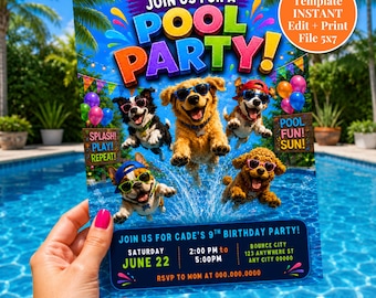 Fiesta de piscina para niños y perros, fiesta de verano, fiesta de cumpleaños en la piscina, invitación para perros, fiesta de piscina para niños, tema de fiesta de cumpleaños para niños