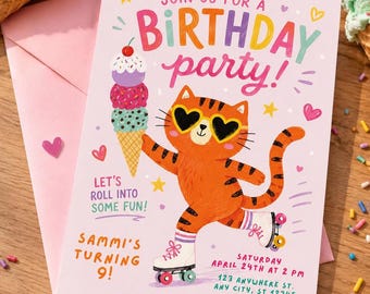 Invitación de cumpleaños, invitación para niña de 8 años, cumpleaños de niña, invitación con efecto neón, invitación con globo, mariposa y gato, plantilla editable de Canva