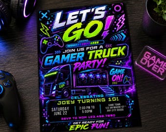 Invitación de cumpleaños con temática de camión de videojuegos, invitación a fiesta con camión de videojuegos neón, invitaciones de cumpleaños con autobús de videojuegos, camión de videojuegos para niños, edición en Canva