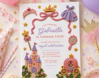 Invitación a fiesta de cumpleaños de princesa Invitación de princesa para niña Princesas Una invitación de princesa Fiesta de cumpleaños para niña Tema real Crochet