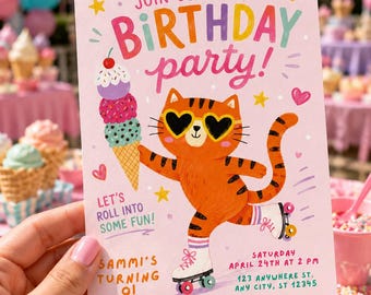 Invitaciones descargables para cumpleaños de niña: Helado, fiesta de cumpleaños con patinaje sobre ruedas, lindo gato, descarga digital, plantilla de Canva.