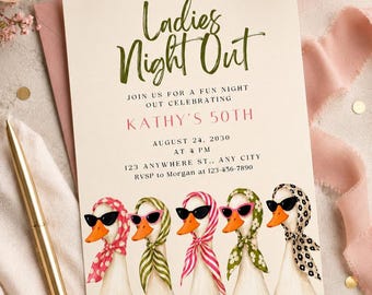 Invitación de cumpleaños número 50 para mujer Plantilla editable Invitación de fiesta para cualquier edad Goose Ladies para noche de chicas Let's Get Wild Cumpleaños de mujer