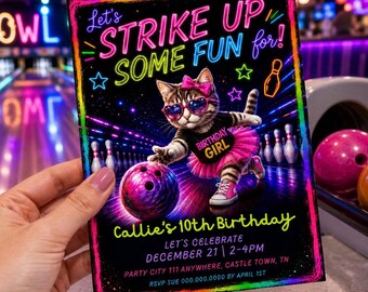 Invito di compleanno a tema bowling modificabile, invito a tema bowling al neon, festa al neon, invito a tema bowling per ragazze, divertiti con il tuo compleanno! 88