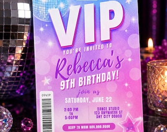 Invitación VIP de cumpleaños para chicas, fiesta con purpurina, temática de música y conciertos, descarga digital de plantilla Canva