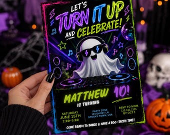 Compleanno di Halloween, Invito Compleanno DJ Ragazzi Neon Compleanno Ragazzo Halloween Compleanno Ragazzo Adolescente Festa Scarica Ottobre Compleanno Fantasma Invito 90
