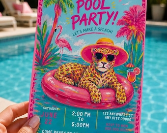 Invitación a fiesta de piscina de verano con estampado de guepardo y gafas de sol, invitación a fiesta de cumpleaños de fin de semana para chicas, rosa y morado.