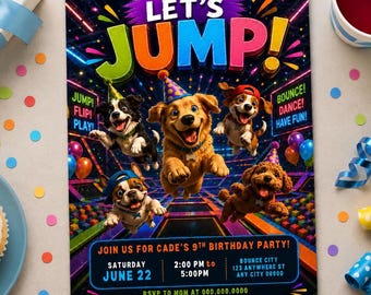 Invitación de cumpleaños con temática de trampolín y castillo hinchable. Fiesta de cumpleaños para perros. Invitación para fiesta de saltos. Invitación de cumpleaños Sky Zone. Descarga digital.