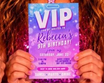 Invitación VIP de cumpleaños para chicas, fiesta con purpurina, temática de música y conciertos, descarga digital, cumpleaños para adolescentes, plantilla de Canva, birth dayfully
