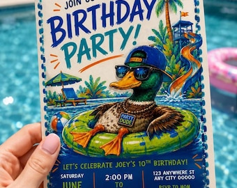 Fiesta en la piscina para chicos, fiesta de verano, fiesta de cumpleaños en la piscina, invitación de pato, fiesta en la piscina para chicos, invitación de cumpleaños para chicos