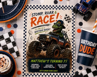 Dinosaur Monster Truck Party Invitation Boy Birthday Invitation, Truck Invite Birthday, Dino Birthday Instant Download Editable Canva 87