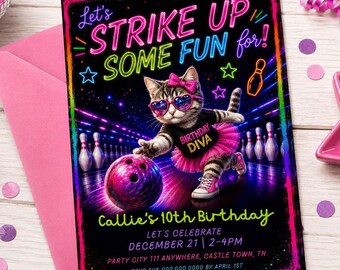 Editable Bowling Birthday Invitation, Glow Bowling Invitation, Neon Glow Party, Girls Bowling Invite, Strike Up Some Fun Girl Birthday 88