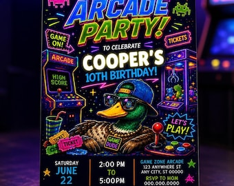 Invitación de Arcade, Invitación de Cumpleaños de Duck Arcade, Fiesta de Arcade, Invitación de Juego de Neón de Arcade, Descarga Instantánea, Imprimible, Editable, Plantilla de Canva