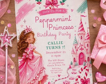 Peppermint Princess Girl Birthday Invitation Template Princess Party Royal Theme Oh What Fun Girl Birthday Pink Christmas Birthday - 80