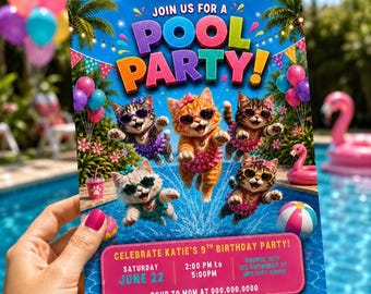 Invitación a fiesta de cumpleaños de fin de semana de fin de semana para chicas en la piscina. Invitación a fiesta con gafas de sol de gato rosas y moradas. Invitación a fiesta de piscina para chicas.