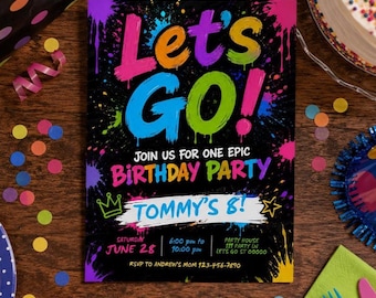 ¡Vamos, chicas o chicos! Invitación de cumpleaños con luz de neón para niño, invitaciones de cumpleaños para adolescentes, invitaciones de cumpleaños para niñas, descarga instantánea, editable. ¡Vamos!