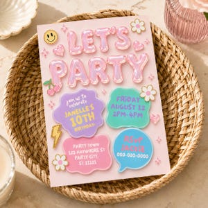 Invitación para fiesta de décimo cumpleaños, invitación de cumpleaños para niña, invitación editable de Prep core, invitación de décimo cumpleaños, letra burbuja Groovy
