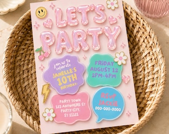 Invitación para fiesta de décimo cumpleaños, invitación de cumpleaños para niña, invitación editable de Prep core, invitación de décimo cumpleaños, letra burbuja Groovy