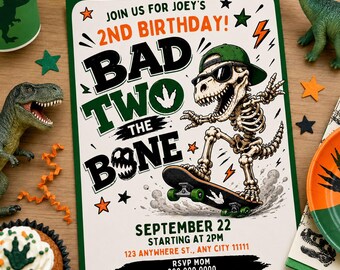 Bad Two The Bone Invitation Niño Dinosaurio Esqueleto Invitación de cumpleaños 2do Dinosaurio Invitación de cumpleaños T-rex Cumpleaños Invitación de fiesta de dinosaurios Editar