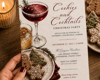 Invitación para fiesta de Navidad, invitación editable para reunión festiva, plantilla imprimible y descargable digitalmente, invitación para fiesta de galletas y cócteles.