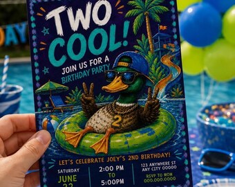 Dos invitaciones de cumpleaños geniales para niño de 2º cumpleaños, Pato de cumpleaños, Dos invitaciones geniales, Invitación para fiesta en la piscina para niños, Invitación de cumpleaños en archivo digital
