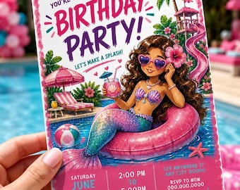 Invitación digital para fiesta en la piscina, invitación para fiesta de sirenas, fiesta de sirenas bajo el mar, invitación de cumpleaños para niñas, invitación de cumpleaños para fiesta en la piscina (descargable)
