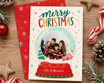 Holiday Photo Card Editable Photo Holiday Card Template for Two-Sided Snow Globe Personalized Family Photo Christmas Card Editable
