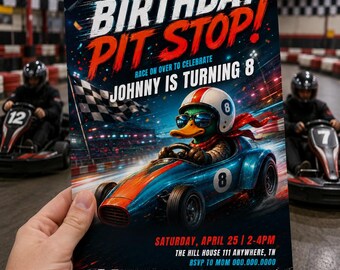Duck Race Car Birthday Invitation, Racecar Party, Racing Party, Sport Race Car Invite, Boys Invitation, Car Birthday, Go Cart Canva Template