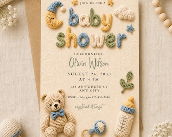 Paquete de invitaciones para baby shower con ositos de peluche, paquete de baby shower con ositos de peluche de género neutro, paquete minimalista de invitaciones de ganchillo con ositos de peluche tejidos a mano