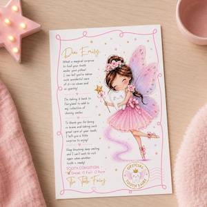 May include: A rectangular letter from the Tooth Fairy addressed to Emily, featuring a brown-haired fairy with pink wings holding a tooth. The text includes a message about tooth care, a tooth condition checklist, and an official Tooth Fairy seal.