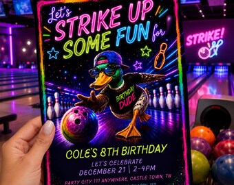 Invito di compleanno al bowling Divertiamoci con una festa di bowling! Invito di compleanno per ragazzi con luci al neon per qualsiasi età, 8° compleanno 88