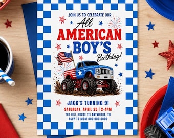 All American Boy Birthday Invitation Template, 4th of July (Digital Download) Boy Birthday Invites Truck Birthday Checkered Birthday 83