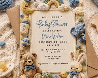 Paquete de invitaciones editables para baby shower con temática de osito de peluche: ¡Apenas podemos esperar! Juego de juegos para baby shower con globos de osito azul para niño. Letrero digital con temática de osito de peluche adorable.