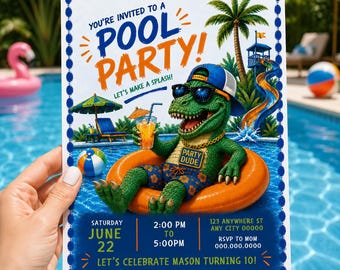 Fiesta en la piscina para chicos, fiesta de verano, fiesta de cumpleaños en la piscina, invitación de dinosaurio, fiesta en la piscina para niños, fiesta de cumpleaños de dinosaurios, invitación de cumpleaños para niños-8