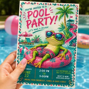 May include: A rectangular pool party invitation card featuring a green frog wearing pink sunglasses on a pink inflatable ring. The text reads: YOU'RE INVITED TO A POOL PARTY! LET'S MAKE A SPLASH! SATURDAY JUNE 22, 2:00 PM TO 5:00 PM, 123 ANYWHERE ST.