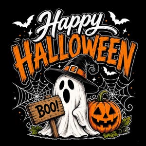 Op de afbeelding: Een grafische illustratie op een zwarte achtergrond met een witte geest in een zwarte heksenhoed, een uitgesneden oranje pompoen en een houten bord met de tekst BOO!. De tekst Happy HALLOWEEN staat in het wit en oranje afgebeeld.