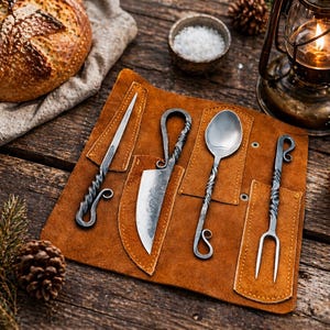 May include: A rustic leather utensil holder with four forged metal tools: a knife, a spoon, a fork, and a small knife. The tools have twisted handles and are displayed on a wooden surface with a loaf of bread, salt, and a lantern.