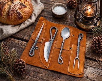 Hand Forged Viking Cutlery Set – High Carbon Steel Medieval Utensils Set with Leather Pouch