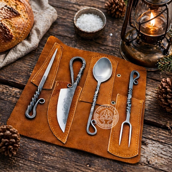 Hand Forged Viking Cutlery Set – High Carbon Steel Medieval  Utensils Set with Leather Pouch