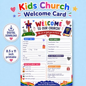May include: A Kids Church Welcome Card printable featuring a cross, a Bible, and colorful hearts. The form includes sections for personal details, family information, emergency contacts, and fun facts, with an 8.5 x 11 inch size indicator.