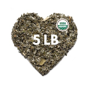 May include: A heart-shaped arrangement of dried green leaves, with the text "5 LB" in white. A USDA Organic seal is visible. The leaves are a mix of green and brown, set against a white background.