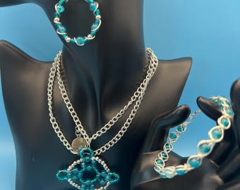 Teal Crackle Glass Jewelry Set, Ocean Inspired Wire Wrapped Necklace, Bracelet, Earrings, Hope Charm