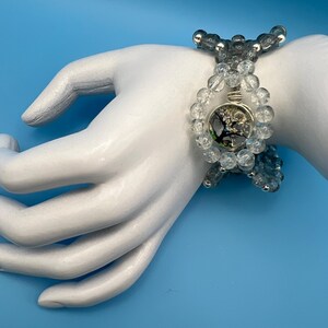 Artisan Hand-Beaded Tree of Life Wide Bracelet - Smokey Gray & Silver Statement Jewelry.