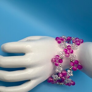 Handmade Fuchsia Pink & Crystal Beaded Flower Bracelet - Boho Fairycone Jewelry